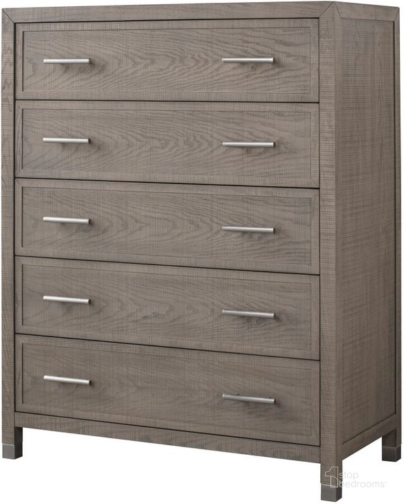 The appearance of Raffles 5 Drawer Chest In Grey And Pewter designed by Sonder Living in the  interior design. This brown piece of furniture  was selected by 1StopBedrooms from Raffles Collection to add a touch of cosiness and style into your home. Sku: FG0804264. Product Type: Chest. Material: MDF. Image1