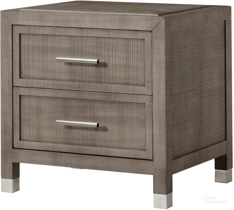 The appearance of Raffles Small 2 Drawer Nightstand In Grey And Pewter designed by Sonder Living in the modern / contemporary interior design. This brown piece of furniture  was selected by 1StopBedrooms from Raffles Collection to add a touch of cosiness and style into your home. Sku: FG0804266. Product Type: Nightstand. Material: MDF. Image1