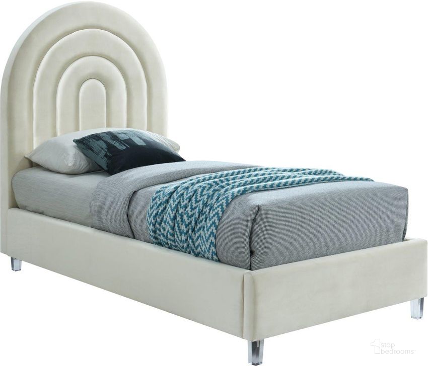 The appearance of Rainbow Velvet Twin Bed In Cream designed by Meridian in the modern / contemporary interior design. This cream velvet piece of furniture  was selected by 1StopBedrooms from Rainbow Collection to add a touch of cosiness and style into your home. Sku: RainbowCream-T-1;RainbowCream-T-2. Product Type: Bed. Bed Size: Twin. Material: Velvet. Image1