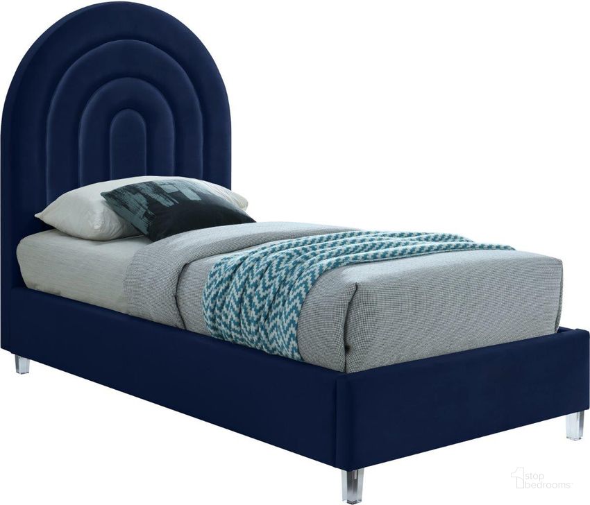 The appearance of Rainbow Velvet Twin Bed In Navy designed by Meridian in the modern / contemporary interior design. This navy piece of furniture  was selected by 1StopBedrooms from Rainbow Collection to add a touch of cosiness and style into your home. Sku: RainbowNavy-T-1;RainbowNavy-T-2. Product Type: Bed. Bed Size: Twin. Material: Velvet. Image1