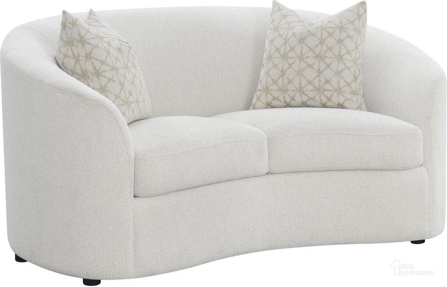 The appearance of Rainn Upholstered Tight Back Loveseat Latte designed by Coaster in the transitional interior design. This latte piece of furniture  was selected by 1StopBedrooms from Rainn Collection to add a touch of cosiness and style into your home. Sku: 509172. Product Type: Loveseat. Material: Plastic. Image1