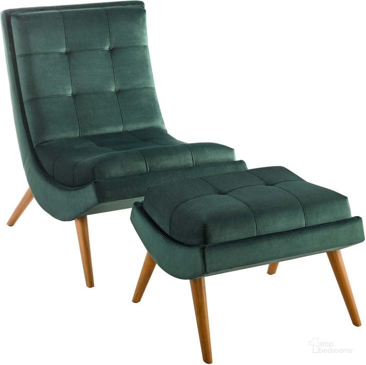 The appearance of Ramp Green Upholstered Performance Velvet Lounge Chair and Ottoman Set designed by Modway in the modern / contemporary interior design. This green piece of furniture  was selected by 1StopBedrooms from Ramp Collection to add a touch of cosiness and style into your home. Sku: EEI-3487-GRN. Material: Wood. Product Type: Living Room Chair. Image1