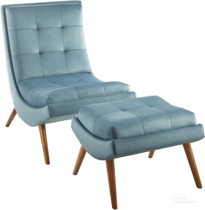 The appearance of Ramp Light Blue Upholstered Performance Velvet Lounge Chair and Ottoman Set designed by Modway in the modern / contemporary interior design. This light blue piece of furniture  was selected by 1StopBedrooms from Ramp Collection to add a touch of cosiness and style into your home. Sku: EEI-3487-LBU. Material: Wood. Product Type: Living Room Chair. Image1