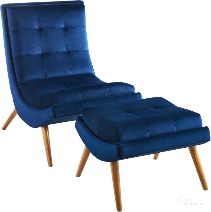 The appearance of Ramp Navy Upholstered Performance Velvet Lounge Chair and Ottoman Set designed by Modway in the modern / contemporary interior design. This navy piece of furniture  was selected by 1StopBedrooms from Ramp Collection to add a touch of cosiness and style into your home. Sku: EEI-3487-NAV. Material: Wood. Product Type: Living Room Chair. Image1