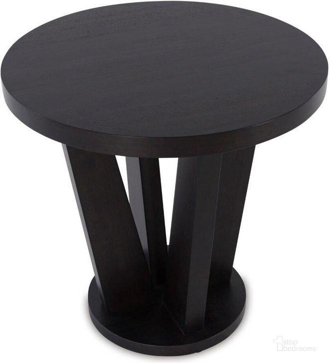 The appearance of Rangimarie Dark Brown End Table designed by FineForm in the modern / contemporary interior design. This dark brown piece of furniture  was selected by 1StopBedrooms from Rangimarie Collection to add a touch of cosiness and style into your home. Sku: T458-6. Material: Wood. Product Type: End Table. Image1