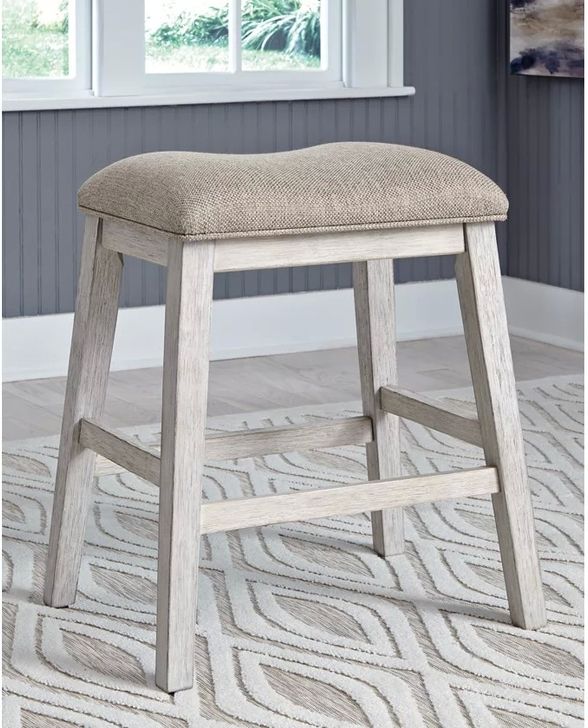 The appearance of Rattray White/Light Brown Barstool Set of 2 0qd24312807 designed by Off 5th Home in the transitional interior design. This white/light brown piece of furniture  was selected by 1StopBedrooms from Rattray Collection to add a touch of cosiness and style into your home. Sku: D394-024. Material: Fabric. Product Type: Barstool. Image1