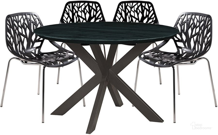 The appearance of Ravenna 5 Piece Metal Round Dining Set In Black designed by LeisureMod in the transitional interior design. This black piece of furniture  was selected by 1StopBedrooms from Ravenna Collection to add a touch of cosiness and style into your home. Sku: RTX47AC16BL4. Product Type: Dining Room Set. Material: MDF. Image1