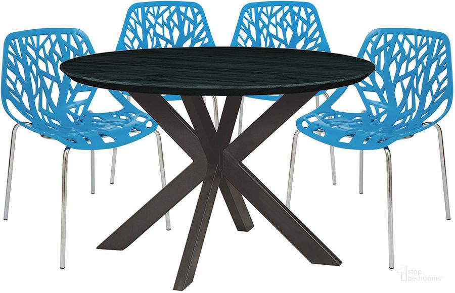 The appearance of Ravenna 5 Piece Metal Round Dining Set In Blue designed by LeisureMod in the transitional interior design. This blue piece of furniture  was selected by 1StopBedrooms from Ravenna Collection to add a touch of cosiness and style into your home. Sku: RTX47AC16BU4. Product Type: Dining Room Set. Material: MDF. Image1
