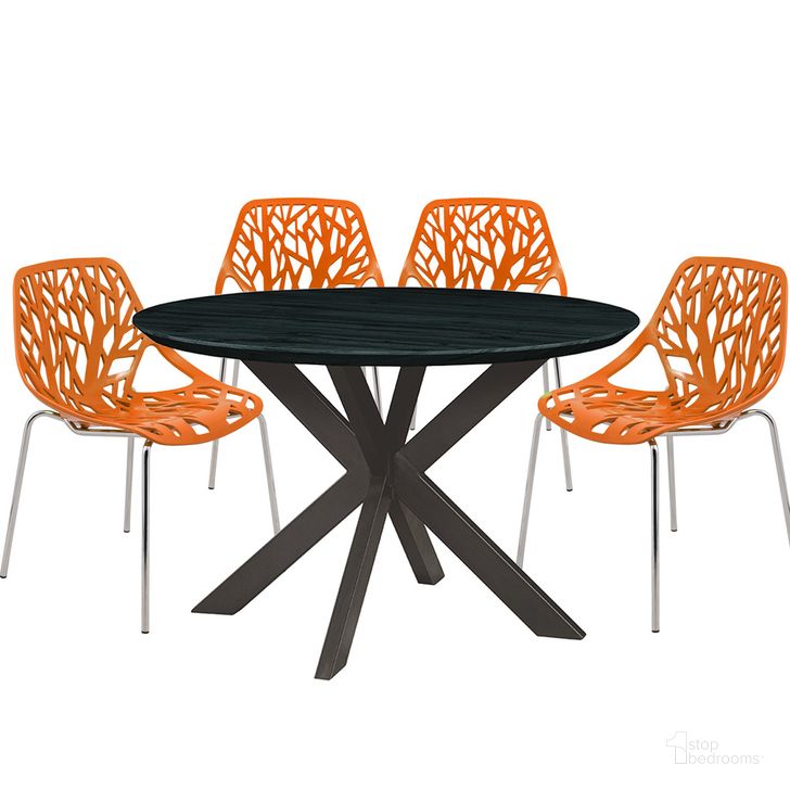 The appearance of Ravenna 5 Piece Metal Round Dining Set In Orange designed by LeisureMod in the transitional interior design. This orange piece of furniture  was selected by 1StopBedrooms from Ravenna Collection to add a touch of cosiness and style into your home. Sku: RTX47AC16OR4. Product Type: Dining Room Set. Material: MDF. Image1