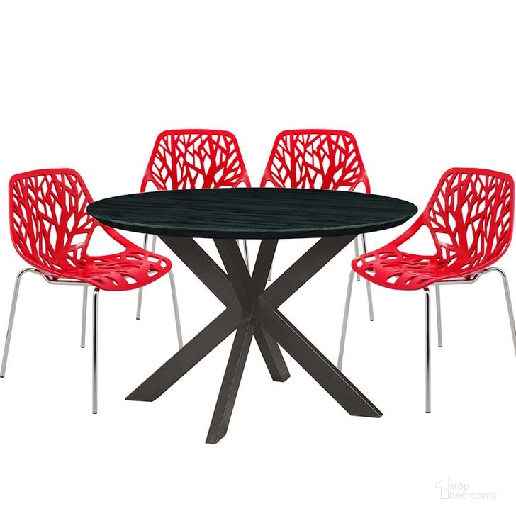 The appearance of Ravenna 5 Piece Metal Round Dining Set In Red designed by LeisureMod in the transitional interior design. This red piece of furniture  was selected by 1StopBedrooms from Ravenna Collection to add a touch of cosiness and style into your home. Sku: RTX47AC16R4. Product Type: Dining Room Set. Material: MDF. Image1