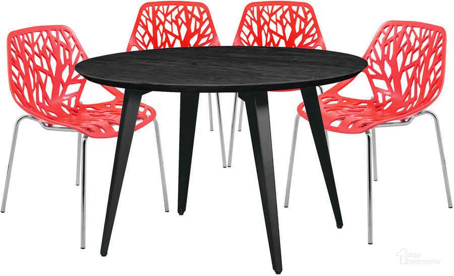 The appearance of Ravenna 5 Piece Round Dining Set In Red designed by LeisureMod in the transitional interior design. This red piece of furniture  was selected by 1StopBedrooms from Ravenna Collection to add a touch of cosiness and style into your home. Sku: RTM47AC16R4. Product Type: Dining Room Set. Material: MDF. Image1