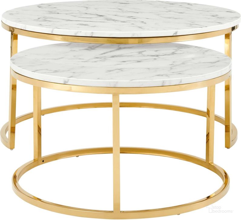 The appearance of Ravenna Artificial Marble Nesting Coffee Table designed by Modway in the modern / contemporary interior design. This gold and white piece of furniture  was selected by 1StopBedrooms from Ravenna Collection to add a touch of cosiness and style into your home. Sku: EEI-4208-GLD-WHI. Material: Steel. Product Type: Coffee Table. Image1