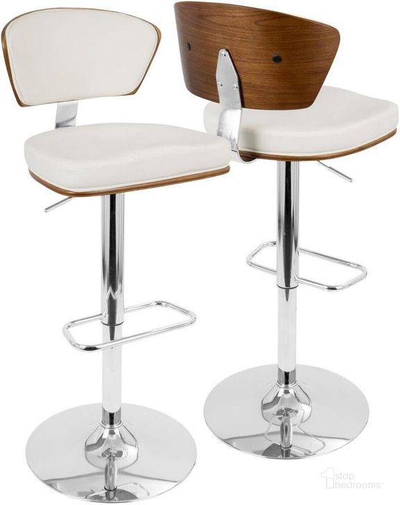 The appearance of Ravinia Mid-Century Modern Adjustable Barstool With Swivel In Walnut And White Faux Leather designed by Lumisource in the transitional interior design. This walnut piece of furniture  was selected by 1StopBedrooms from Ravinia Collection to add a touch of cosiness and style into your home. Sku: BS-JY-RAV WL+W. Material: Wood. Product Type: Barstool. Image1