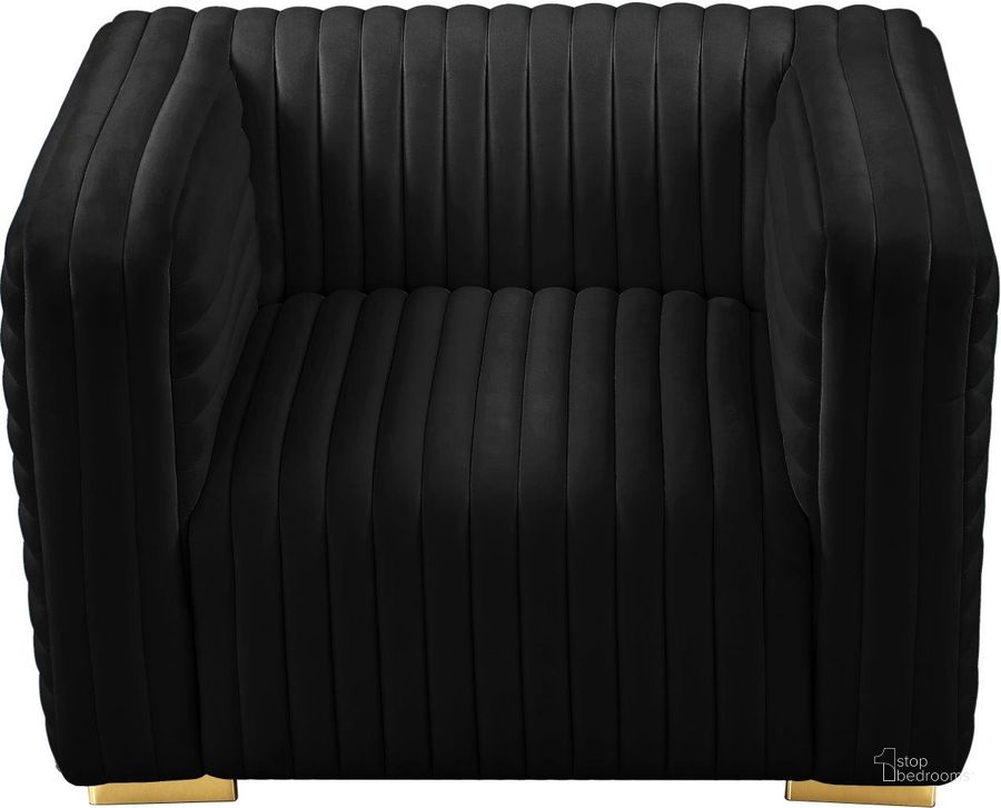 The appearance of Ravish Black Velvet Chair designed by Meridian in the modern / contemporary interior design. This black piece of furniture  was selected by 1StopBedrooms from Ravish Collection to add a touch of cosiness and style into your home. Sku: 640Black-C. Product Type: Chair. Material: Velvet. Image1