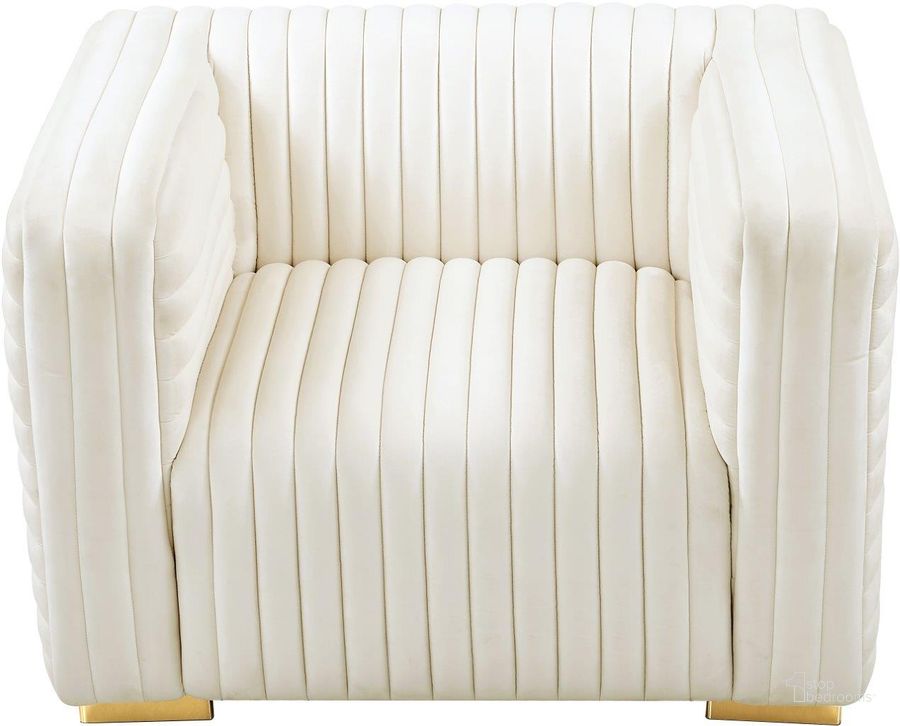 The appearance of Ravish Cream Velvet Chair designed by Meridian in the modern / contemporary interior design. This cream piece of furniture  was selected by 1StopBedrooms from Ravish Collection to add a touch of cosiness and style into your home. Sku: 640Cream-C. Product Type: Chair. Material: Velvet. Image1