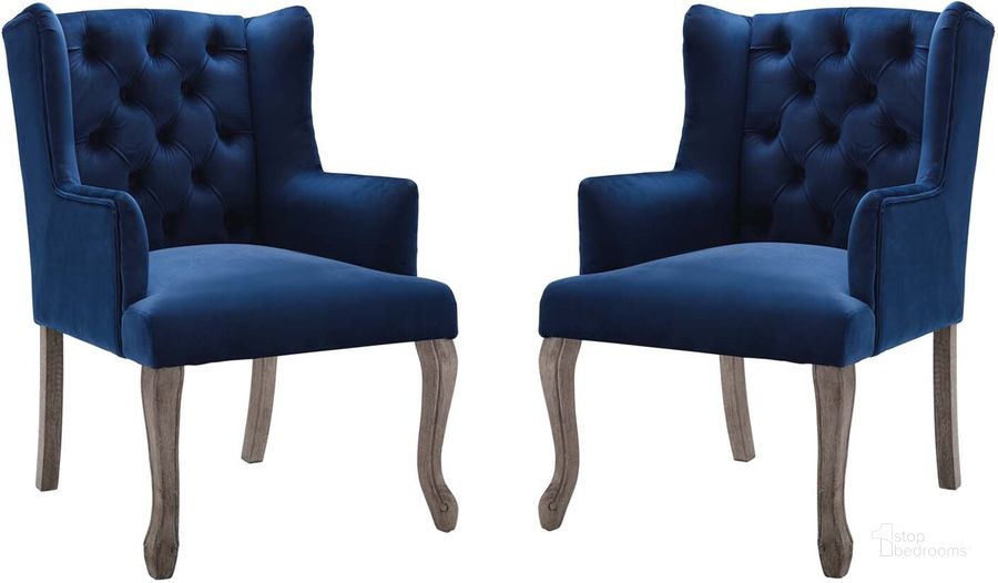 The appearance of Realm Armchair Performance Velvet Set of 2 EEI-4292-NAV designed by Modway in the modern / contemporary interior design. This navy piece of furniture  was selected by 1StopBedrooms from Realm Collection to add a touch of cosiness and style into your home. Sku: EEI-4292-NAV. Material: Wood. Product Type: Arm Chair. Image1