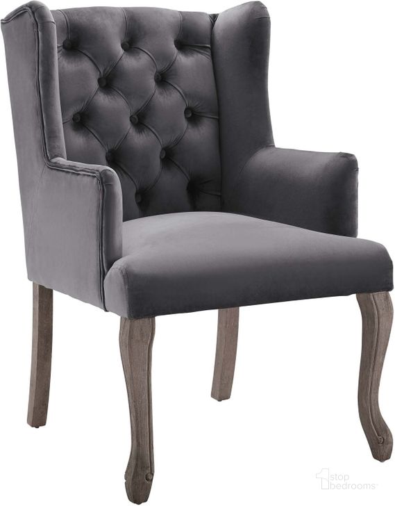 The appearance of Realm Gray French Vintage Dining Performance Velvet Arm Chair designed by Modway in the modern / contemporary interior design. This gray piece of furniture  was selected by 1StopBedrooms from Realm Collection to add a touch of cosiness and style into your home. Sku: EEI-3366-GRY. Material: Wood. Product Type: Arm Chair. Image1