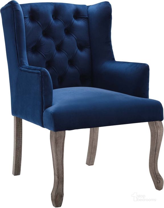 The appearance of Realm Navy French Vintage Dining Performance Velvet Arm Chair designed by Modway in the modern / contemporary interior design. This navy piece of furniture  was selected by 1StopBedrooms from Realm Collection to add a touch of cosiness and style into your home. Sku: EEI-3366-NAV. Material: Wood. Product Type: Arm Chair. Image1