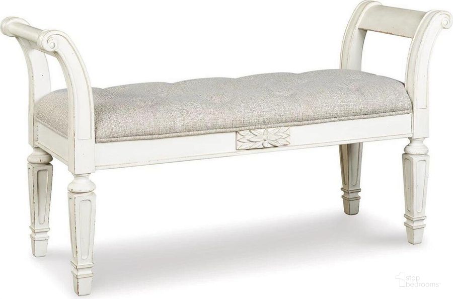 The appearance of Realyn Accent Bench In Antique White designed by Signature Design by Ashley in the traditional interior design. This antique white piece of furniture  was selected by 1StopBedrooms from Realyn Collection to add a touch of cosiness and style into your home. Sku: A3000157. Material: Fabric. Product Type: Bench. Image1