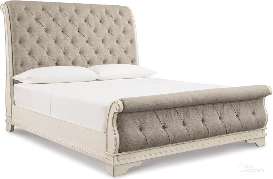 The appearance of Realyn California King Sleigh Bed In Chipped White designed by Signature Design by Ashley in the transitional interior design. This chipped white piece of furniture  was selected by 1StopBedrooms from Realyn Collection to add a touch of cosiness and style into your home. Sku: B743-76;B743-78;B743-95. Bed Type: Sleigh Bed. Material: Fabric. Product Type: Sleigh Bed. Bed Size: California King. Image1