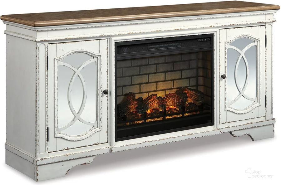The appearance of Realyn Chipped White And Distressed 74 Inch TV Stand With Electric Fireplace designed by Signature Design by Ashley in the traditional interior design. This chipped white piece of furniture  was selected by 1StopBedrooms from Realyn Collection to add a touch of cosiness and style into your home. Sku: W743-68;W100-121. Material: Glass. Product Type: TV Stands and TV Console. Image1