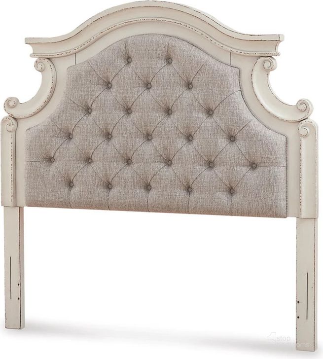 The appearance of Realyn Chipped White Full Upholstered Panel Headboard Only designed by Signature Design by Ashley in the transitional interior design. This chipped white piece of furniture  was selected by 1StopBedrooms from Realyn Collection to add a touch of cosiness and style into your home. Sku: B743-87. Material: Fabric. Product Type: Headboard. Bed Size: Full. Image1