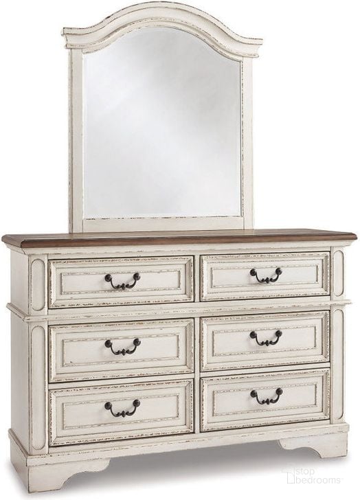 The appearance of Realyn Dresser and Mirror In Chipped White designed by Signature Design by Ashley in the transitional interior design. This chipped white piece of furniture  was selected by 1StopBedrooms from Realyn Collection to add a touch of cosiness and style into your home. Sku: B743-21;B743-26. Material: Wood. Product Type: Dresser and Mirror. Image1