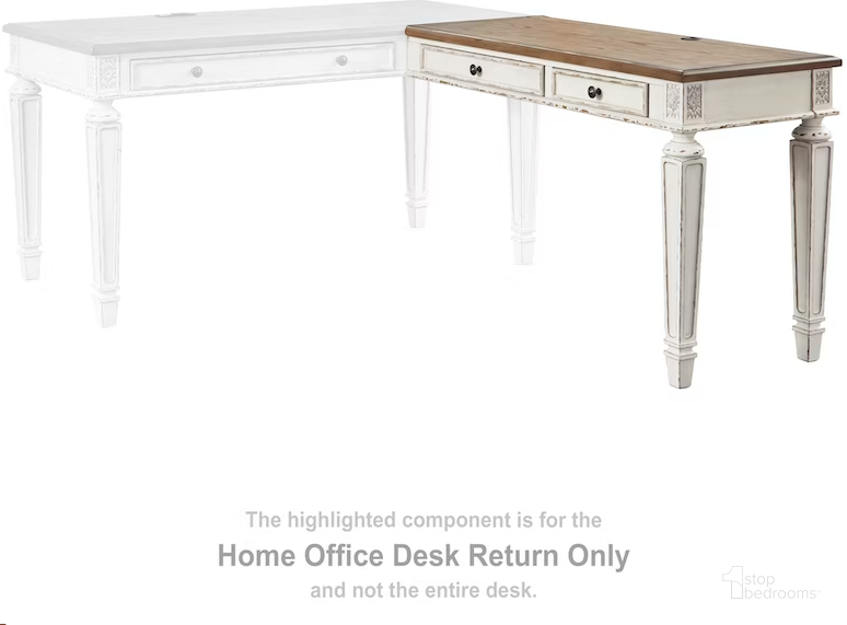 The appearance of Realyn Home Office Desk Return In White And Brown designed by Signature Design by Ashley in the transitional interior design. This white/brown piece of furniture  was selected by 1StopBedrooms from Realyn Collection to add a touch of cosiness and style into your home. Sku: H743-34R. Material: Wood. Product Type: Desk. Image1