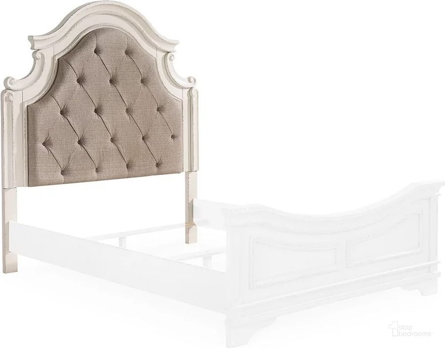 The appearance of Realyn Two-Tone Queen Upholstered Panel Headboard Only designed by Signature Design by Ashley in the transitional interior design. This two-tone piece of furniture  was selected by 1StopBedrooms from Realyn Collection to add a touch of cosiness and style into your home. Sku: B743-57. Material: Fabric. Product Type: Headboard. Bed Size: Queen.