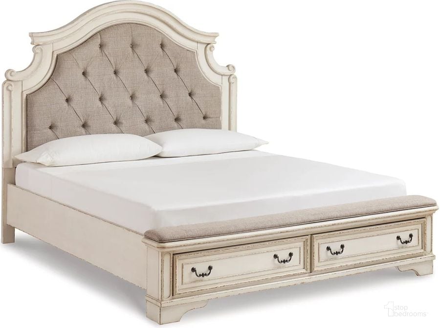 The appearance of Realyn White California King Upholstered Panel Bed With Bench Footboard designed by Signature Design by Ashley in the transitional interior design. This two-tone piece of furniture  was selected by 1StopBedrooms from Realyn Collection to add a touch of cosiness and style into your home. Sku: B743-58;B743-56S;B743-194. Bed Type: Storage Bed. Material: Wood. Product Type: Storage Bed. Bed Size: California King. Image1