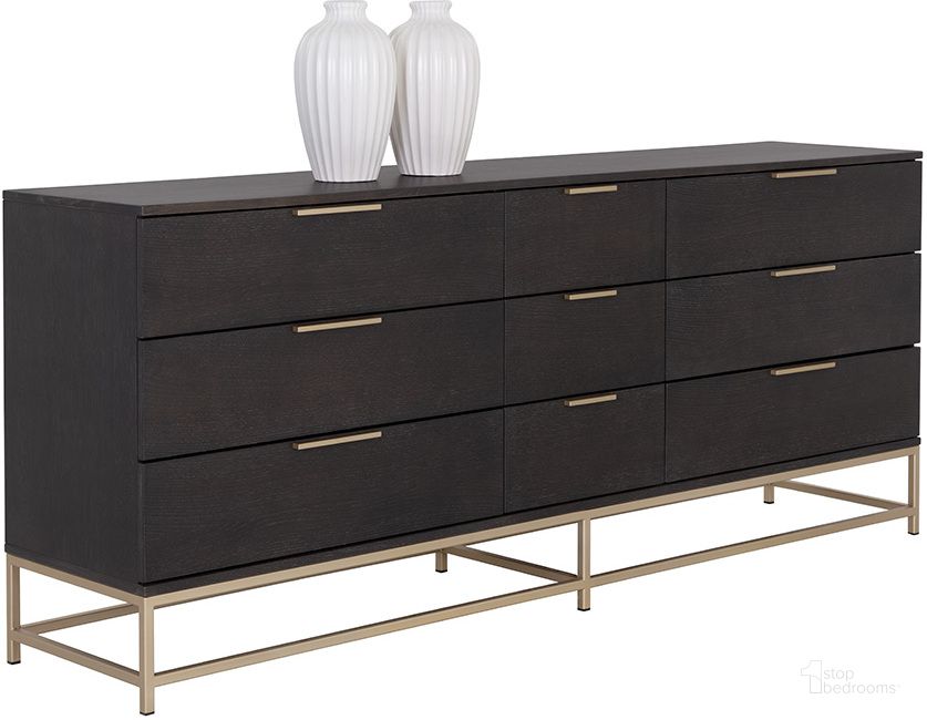 The appearance of Rebel Large Dresser In Gold And Charcoal Grey designed by Sunpan in the modern / contemporary interior design. This charcoal piece of furniture  was selected by 1StopBedrooms from Rebel Collection to add a touch of cosiness and style into your home. Sku: 109075. Material: Wood. Product Type: Dresser. Image1