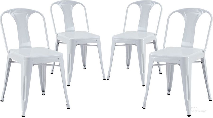 The appearance of Reception Dining Side Chair Set of 4 In White designed by Modway in the modern / contemporary interior design. This white piece of furniture  was selected by 1StopBedrooms from Reception Collection to add a touch of cosiness and style into your home. Sku: EEI-1302-WHI. Material: Metal. Product Type: Side Chair. Image1