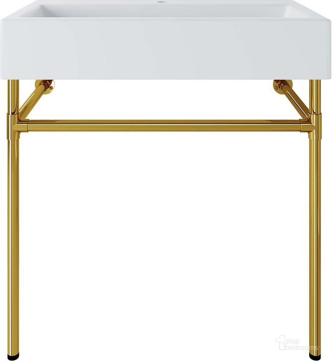 The appearance of Redeem 32 Inch  Wall-Mount Gold Stainless Steel Bathroom Vanity In Gold White designed by Modway in the modern / contemporary interior design. This gold white piece of furniture  was selected by 1StopBedrooms from Redeem Collection to add a touch of cosiness and style into your home. Sku: EEI-5540-GLD-WHI. Material: Stainless Steel. Product Type: Bathroom Vanity. Image1