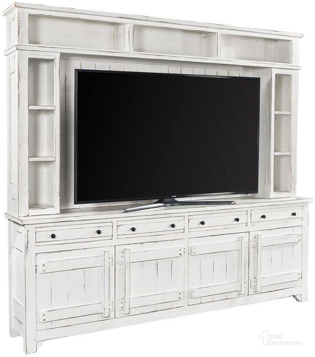 The appearance of Reeds Farm 97 Inch Console And Hutch In Grey designed by Aspenhome in the country / farmhouse interior design. This grey piece of furniture  was selected by 1StopBedrooms from Reeds Farm Collection to add a touch of cosiness and style into your home. Sku: I358-297H-WGY;I358-297-WGY. Material: Wood. Product Type: TV Stands and TV Console. Image1