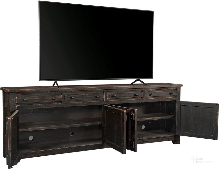The appearance of Reeds Farm 97 Inch Console In Black designed by Aspenhome in the country / farmhouse interior design. This black piece of furniture  was selected by 1StopBedrooms from Reeds Farm Collection to add a touch of cosiness and style into your home. Sku: I358-297-WBK. Material: Wood. Product Type: TV Console. Image1