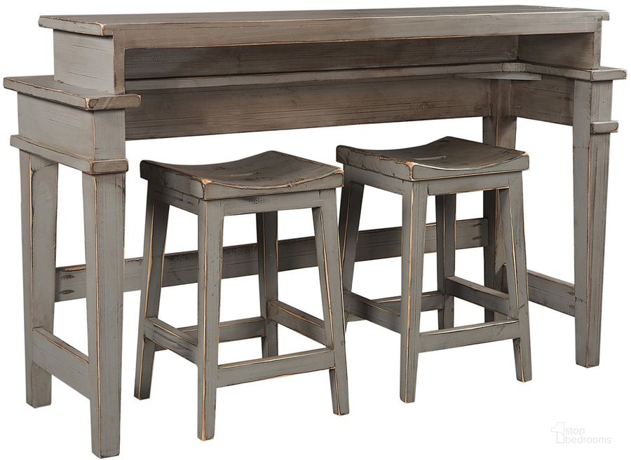 The appearance of Reeds Farm Console Bar Table With Two Stools In Grey designed by Aspenhome in the country / farmhouse interior design. This grey piece of furniture  was selected by 1StopBedrooms from Reeds Farm Collection to add a touch of cosiness and style into your home. Sku: I358-9151-WGY. Material: Wood. Product Type: Bar Set. Image1