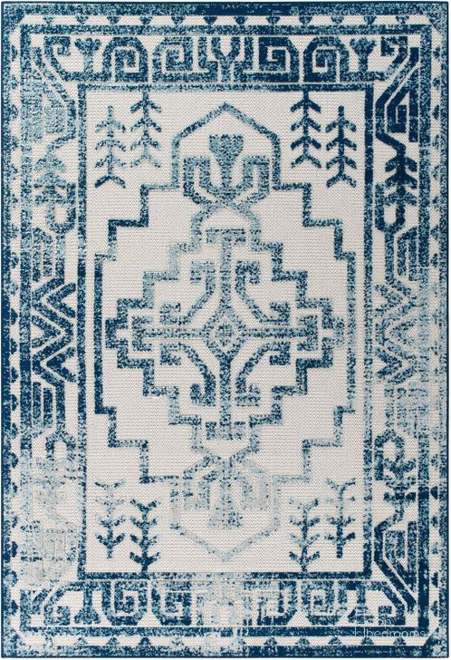 The appearance of Reflect Ivory and Blue Nyssa Distressed Geometric Southwestern Aztec 5x8 Indoor/Outdoor Area Rug designed by Modway in the modern / contemporary interior design. This ivory and blue piece of furniture  was selected by 1StopBedrooms from Reflect Collection to add a touch of cosiness and style into your home. Sku: R-1181B-58. Material: Polypropylene. Product Type: Area Rugs. Image1