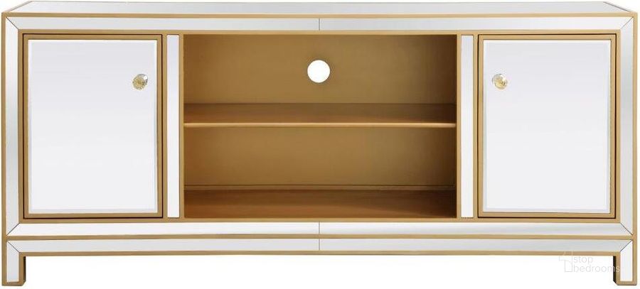 The appearance of Reflexion 60 Inch Mirrored Tv Stand In Gold designed by Elegant Lighting in the transitional interior design. This gold piece of furniture  was selected by 1StopBedrooms from Reflexion Collection to add a touch of cosiness and style into your home. Sku: MF701G. Product Type: TV Stand. Material: MDF. Image1