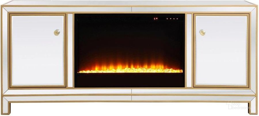 The appearance of Reflexion 60 Inch Mirrored Tv Stand With Crystal Fireplace In Gold designed by Elegant Lighting in the transitional interior design. This gold piece of furniture  was selected by 1StopBedrooms from Reflexion Collection to add a touch of cosiness and style into your home. Sku: MF701G-F2. Product Type: TV Stand. Material: MDF. Image1