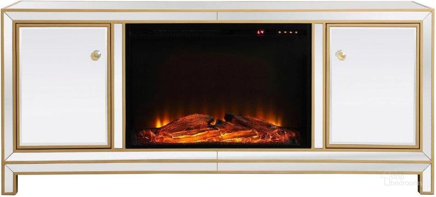The appearance of Reflexion 60 Inch Mirrored Tv Stand With Wood Fireplace In Gold designed by Elegant Lighting in the transitional interior design. This gold piece of furniture  was selected by 1StopBedrooms from Reflexion Collection to add a touch of cosiness and style into your home. Sku: MF701G-F1. Product Type: TV Stand. Material: MDF. Image1