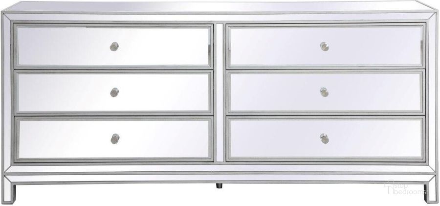 The appearance of Reflexion 72 Inch Mirrored Six Drawer Chest In Antique Silver designed by Elegant Lighting in the transitional interior design. This antique silver piece of furniture  was selected by 1StopBedrooms from Reflexion Collection to add a touch of cosiness and style into your home. Sku: MF73672S. Product Type: Chest. Material: MDF. Image1