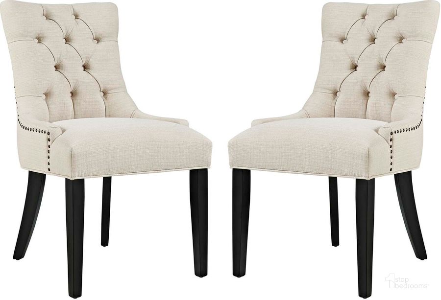 The appearance of Regent Beige Dining Side Chair Fabric Set of 2 EEI-2743-BEI-SET designed by Modway in the modern / contemporary interior design. This beige piece of furniture  was selected by 1StopBedrooms from Regent Collection to add a touch of cosiness and style into your home. Sku: EEI-2743-BEI-SET. Material: Wood. Product Type: Side Chair. Image1