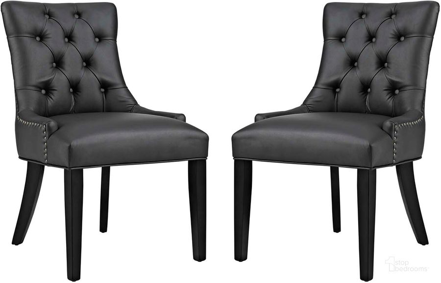 The appearance of Regent Black Dining Side Chair Vinyl Set of 2 designed by Modway in the modern / contemporary interior design. This black piece of furniture  was selected by 1StopBedrooms from Regent Collection to add a touch of cosiness and style into your home. Sku: EEI-2742-BLK-SET. Material: Wood. Product Type: Side Chair. Image1