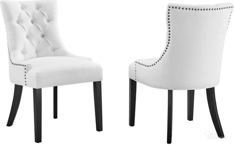 The appearance of Regent Dining Side Chair Fabric Set of 2 In White designed by Modway in the modern / contemporary interior design. This white piece of furniture  was selected by 1StopBedrooms from Regent Collection to add a touch of cosiness and style into your home. Sku: EEI-2743-WHI-SET. Material: Wood. Product Type: Side Chair. Image1