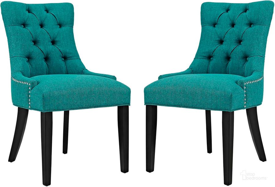 The appearance of Regent Teal Dining Side Chair Fabric Set of 2 designed by Modway in the modern / contemporary interior design. This teal piece of furniture  was selected by 1StopBedrooms from Regent Collection to add a touch of cosiness and style into your home. Sku: EEI-2743-TEA-SET. Material: Wood. Product Type: Side Chair. Image1