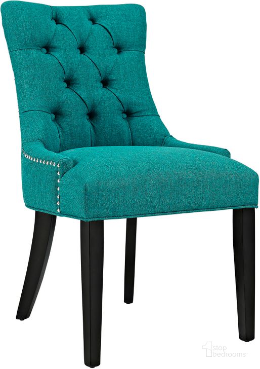The appearance of Regent Teal Tufted Fabric Dining Side Chair designed by Modway in the modern / contemporary interior design. This teal piece of furniture  was selected by 1StopBedrooms from Regent Collection to add a touch of cosiness and style into your home. Sku: EEI-2223-TEA. Material: Wood. Product Type: Side Chair. Image1
