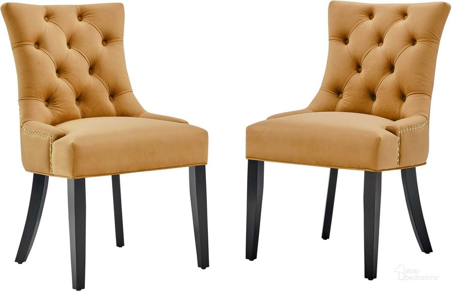 The appearance of Regent Tufted Performance Velvet Dining Side Chairs - Set of 2 EEI-3780-COG designed by Modway in the modern / contemporary interior design. This cognac piece of furniture  was selected by 1StopBedrooms from Regent Collection to add a touch of cosiness and style into your home. Sku: EEI-3780-COG. Product Type: Side Chair. Material: MDF. Image1