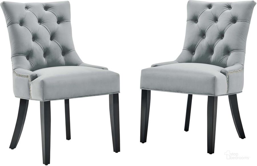 The appearance of Regent Tufted Performance Velvet Dining Side Chairs - Set of 2 EEI-3780-LGR designed by Modway in the modern / contemporary interior design. This light gray piece of furniture  was selected by 1StopBedrooms from Regent Collection to add a touch of cosiness and style into your home. Sku: EEI-3780-LGR. Product Type: Side Chair. Material: MDF. Image1