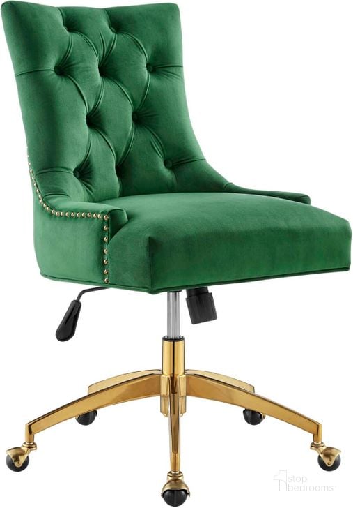 The appearance of Regent Tufted Performance Velvet Office Chair EEI-4571-GLD-EME designed by Modway in the modern / contemporary interior design. This gold emerald piece of furniture  was selected by 1StopBedrooms from Regent Collection to add a touch of cosiness and style into your home. Sku: EEI-4571-GLD-EME. Material: Wood. Product Type: Office Chair. Image1