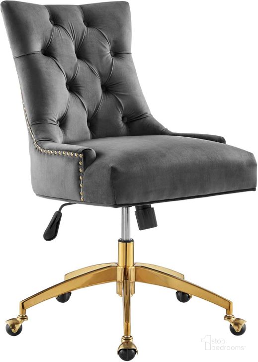 The appearance of Regent Tufted Performance Velvet Office Chair EEI-4571-GLD-GRY designed by Modway in the modern / contemporary interior design. This gold gray piece of furniture  was selected by 1StopBedrooms from Regent Collection to add a touch of cosiness and style into your home. Sku: EEI-4571-GLD-GRY. Material: Wood. Product Type: Office Chair. Image1